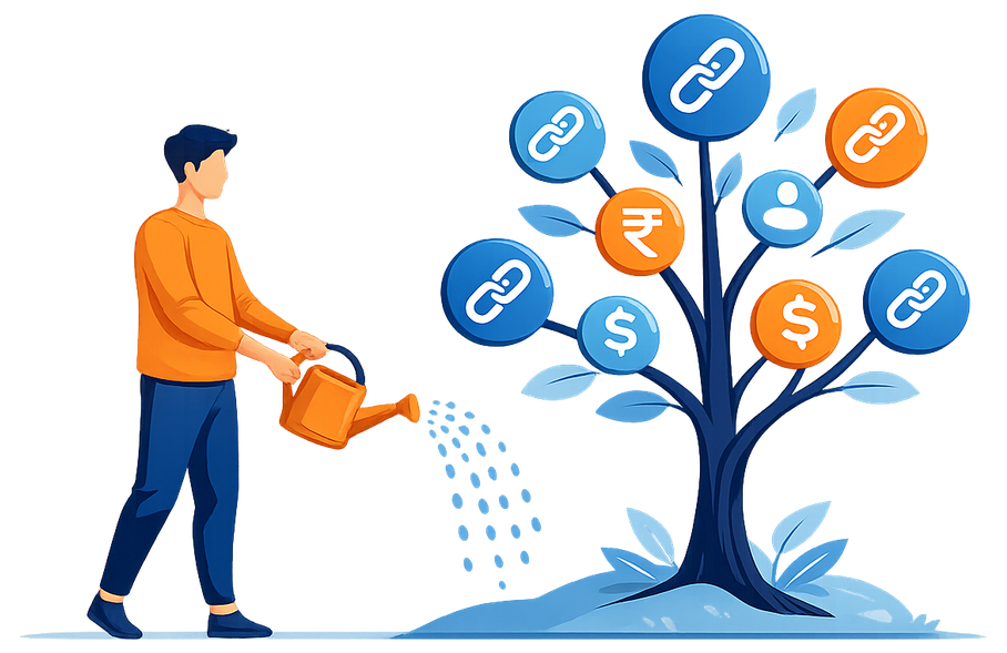 Affiliate marketer watering a growing tree with affiliate links, audience and deal symbols